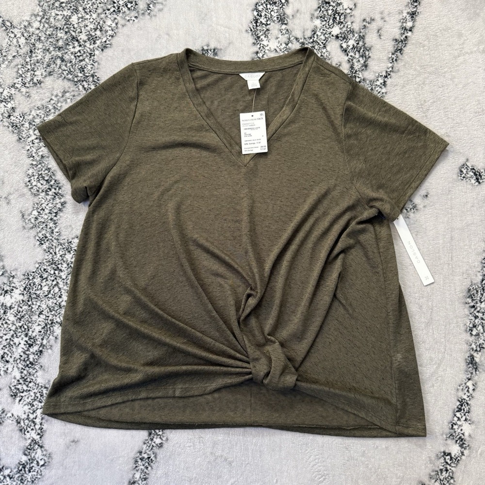 Caslon Shirt Womens Size XL Olive Short Sleeve Twist Hem V Neck Tee Casual Top
